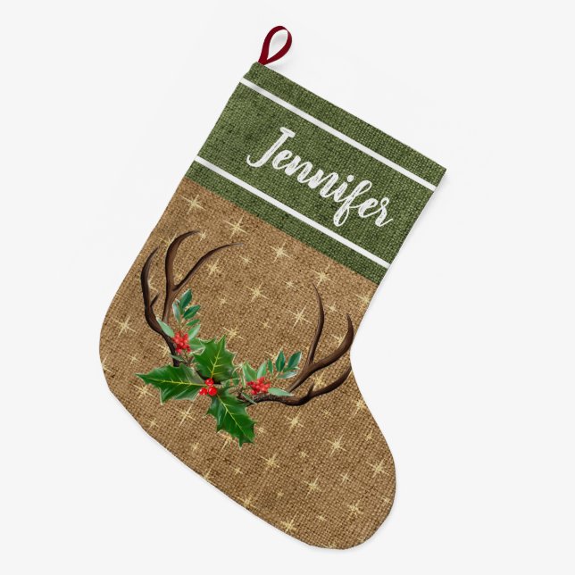 Rustic Antlers Green Holly and Red Berries Large Christmas Stocking (Front (Hanging))