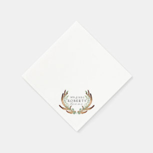 Rustic Antlers & Greenery   Custom Name Wedding Napkin