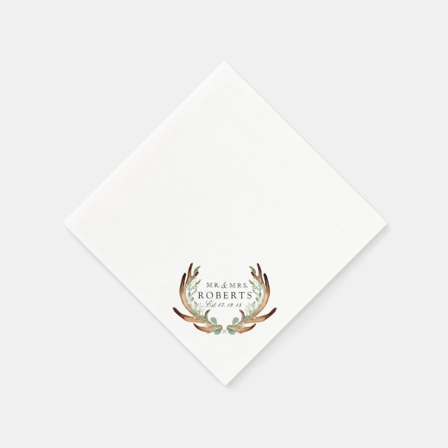 Rustic Antlers & Greenery | Custom Name Wedding Napkin (Corner)