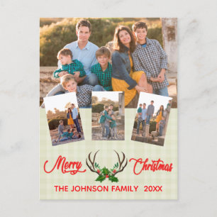 Rustic Antlers Holly Christmas Photo Collage Holiday Postcard