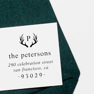 Rustic Antlers Monogram Family Name Return Address Rubber Stamp