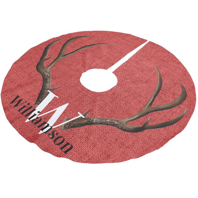 Rustic Antlers Monogram Name Brushed Polyester Tree Skirt (Angled)