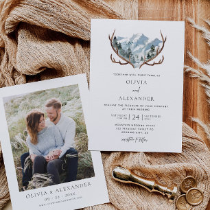 Rustic Antlers Mountain Photo Wedding Invitation