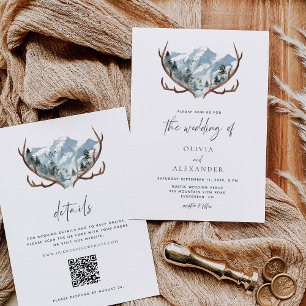Rustic Antlers Mountain Wedding QR Code Invitation
