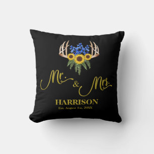 Rustic Antlers Mr and Mrs Lastname Newlywed Gift Cushion