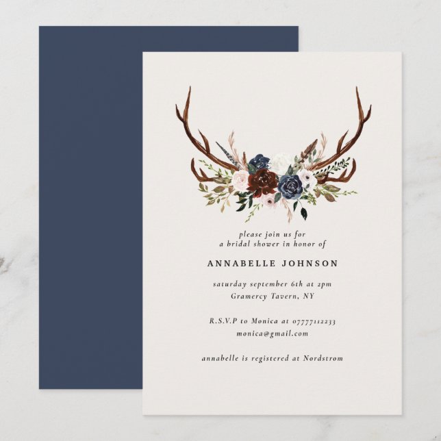 Rustic antlers navy burgundy floral bridal shower (Front/Back)