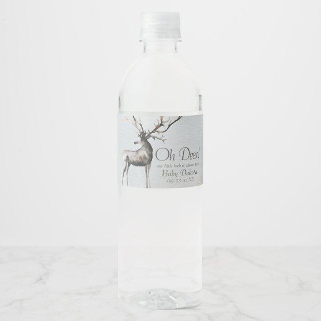 Rustic Antlers | Oh Deer Little Buck Baby Shower Water Bottle Label (Front)