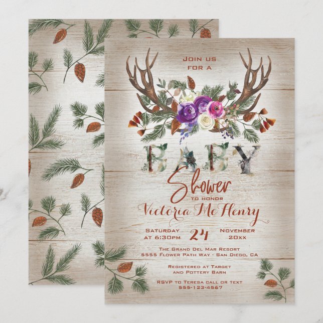 Rustic Antlers & Pine Branches Baby Shower Invitation (Front/Back)