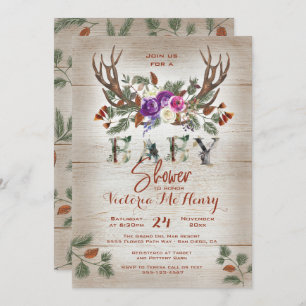 Rustic Antlers & Pine Branches Baby Shower Invitation