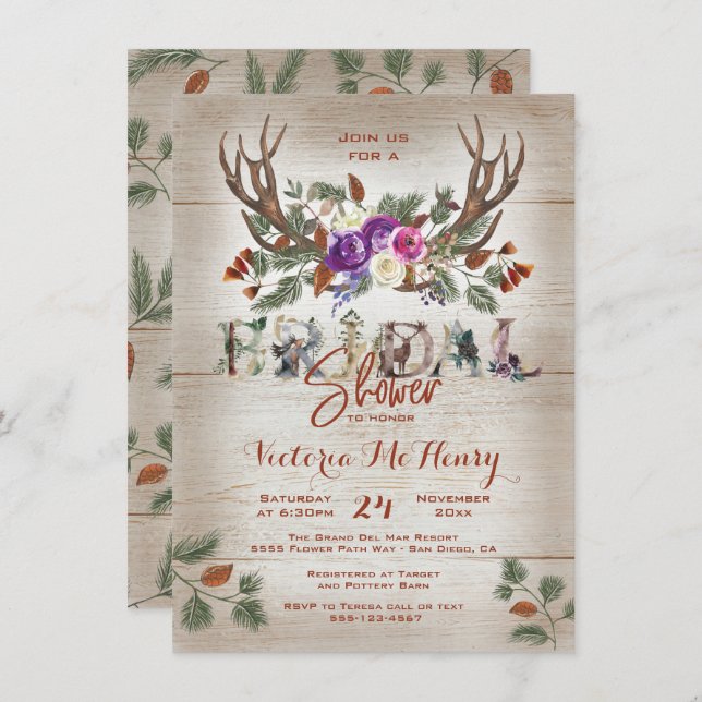 Rustic Antlers & Pine Branches Bridal Shower Invitation (Front/Back)