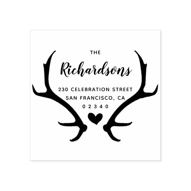 Rustic Antlers Script Family Name & Return Address Rubber Stamp (Imprint)