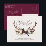 Rustic antlers script navy burgundy floral wedding announcement postcard<br><div class="desc">Rustic antlers script navy burgundy floral wedding save the date postcard. Part of a modern collection.</div>