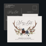 Rustic antlers script navy burgundy floral wedding announcement postcard<br><div class="desc">Rustic antlers script navy burgundy floral wedding save the date postcard. Part of a modern collection.</div>