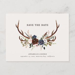 Rustic antlers script navy burgundy floral wedding announcement postcard