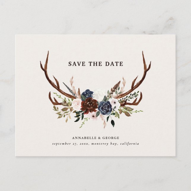 Rustic antlers script navy burgundy floral wedding announcement postcard (Front)