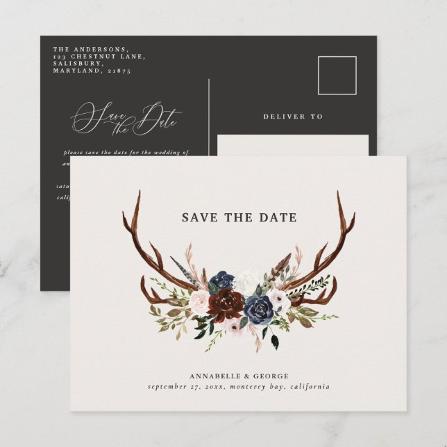 Rustic antlers script navy burgundy floral wedding announcement postcard (Front/Back)
