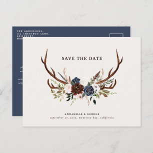 Rustic antlers script navy burgundy floral wedding announcement postcard
