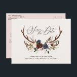 Rustic antlers script navy burgundy floral wedding announcement postcard<br><div class="desc">Rustic antlers script navy burgundy blush pink floral wedding save the date postcard. Part of a modern collection.</div>