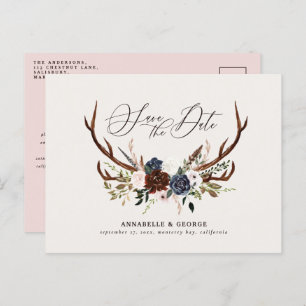 Rustic antlers script navy burgundy floral wedding announcement postcard