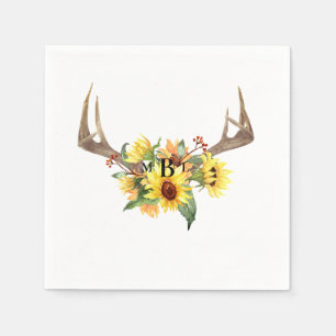 Rustic Antlers Sunflower Monogram Wedding Cocktail Napkin