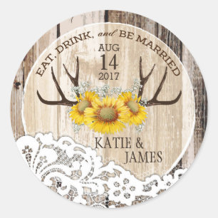 Rustic Antlers Sunflowers Country Wedding Classic Round Sticker