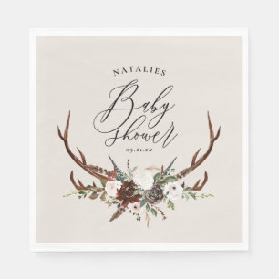 Rustic antlers watercolor floral baby shower paper napkin