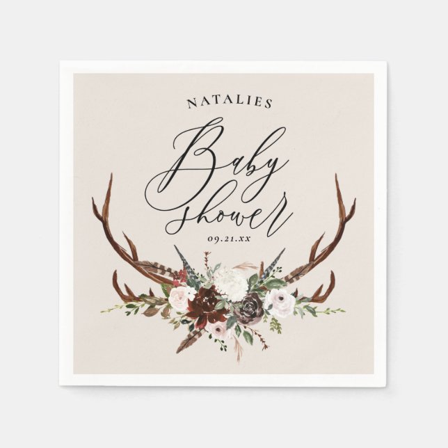 Rustic antlers watercolor floral baby shower party napkin (Front)