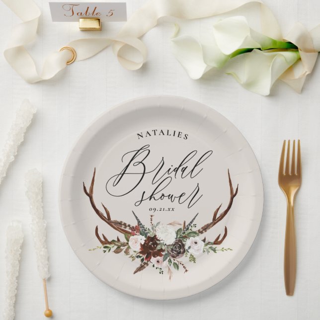 Rustic antlers watercolor floral bridal shower paper plate (Wedding)