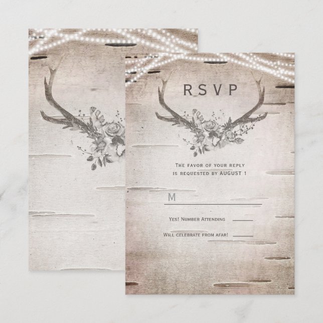 Rustic Antlers White Birch Vintage Wedding RSVP  Invitation (Front/Back)