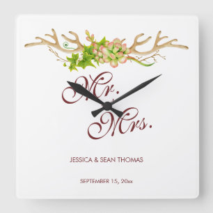 Rustic Antlers & Wildflowers Wedding Memory Square Wall Clock