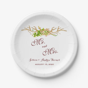 Rustic Antlers & Wildflowers Wedding Paper Plate