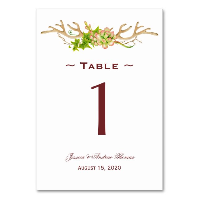 Rustic Antlers & Wildflowers Wedding Table Number (Front)
