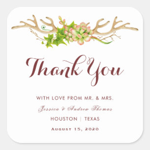 Rustic Antlers & Wildflowers Wedding Thankyou Square Sticker