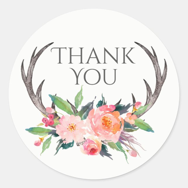Rustic Antlers with Pink Bouquet Thank You Classic Round Sticker (Front)
