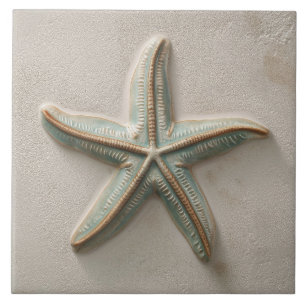 Rustic Aqua and Sand Starfish Coastal Relief Tile