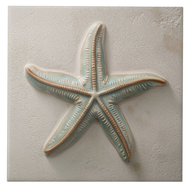 Rustic Aqua and Sand Starfish Coastal Relief Tile (Front)