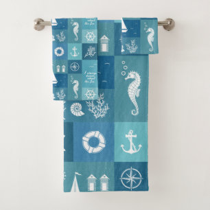 Rustic Aqua Blue Nautical Chequered Pattern Custom Bath Towel Set