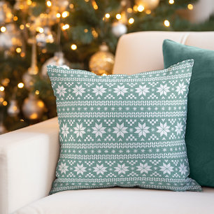 Rustic Aqua Fair Isle Holiday Throw Pillow