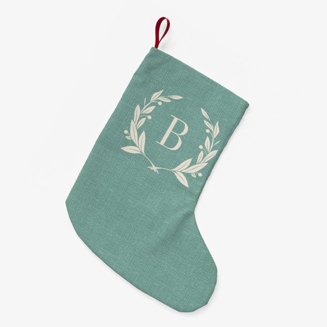 Rustic Aqua Laurel Wreath Monogram Small Christmas Stocking (Front (Hanging))