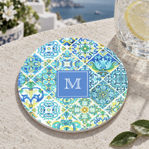 Rustic Aqua Mint Sicilian Ceramic Tile Pattern Coaster