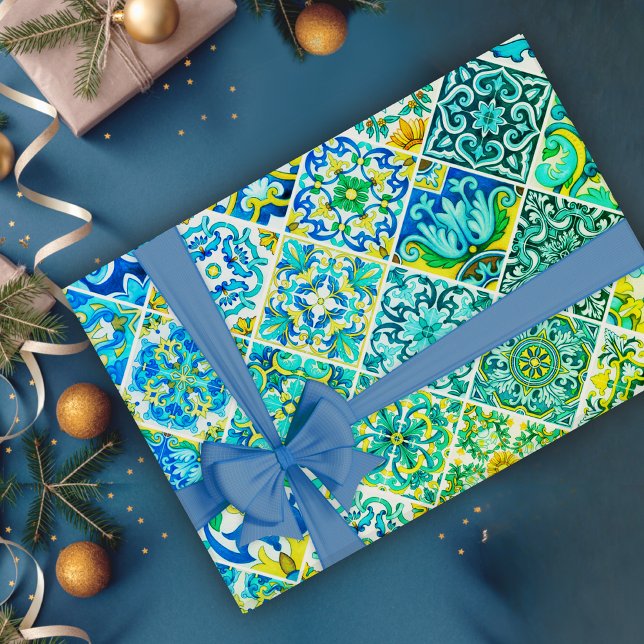 Rustic Aqua Mint Sicilian Talavera Tile Pattern Wrapping Paper (Creator Uploaded)