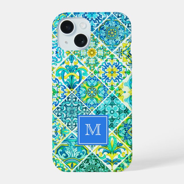 Rustic Aqua Mint Sicilian Tile Mosaic iPhone 15 Case (Back)
