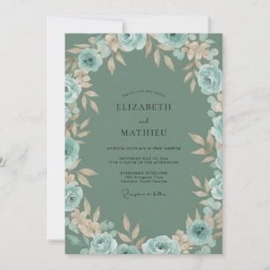 Rustic Aqua Taupe Wreath Wedding Invitation