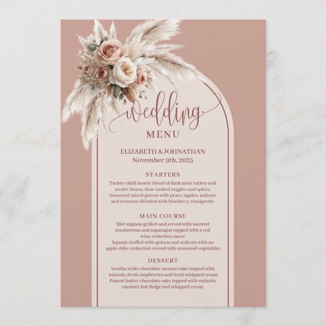 Rustic Arch Pastel Pink Pampas Floral Wedding Menu (Front)