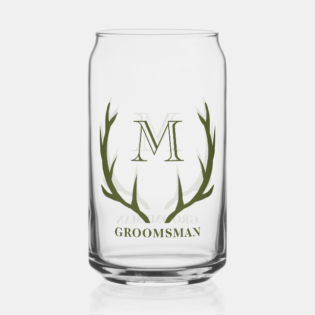 Rustic Army Green Antler Custom Groomsmen Gift Can Glass (Front)