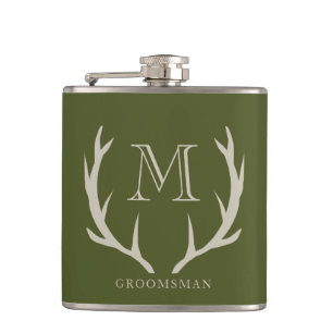 Rustic Army Green Antler Custom Groomsmen Gift Hip Flask