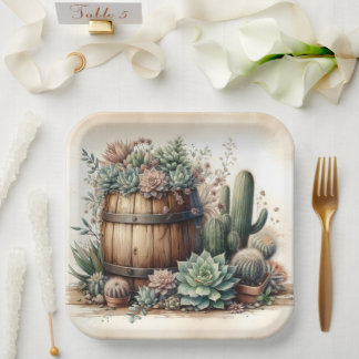 Rustic Arrangement Of Succulents & Cacti Paper Plate