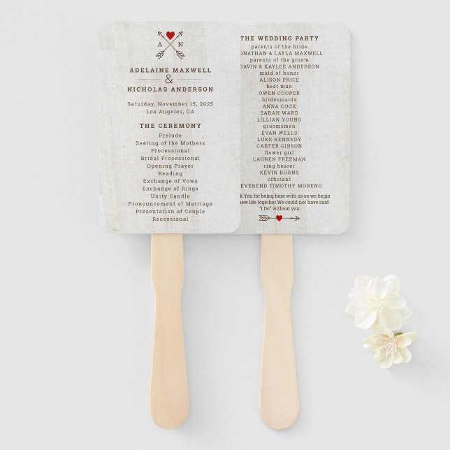 Rustic Arrows Red Heart Wedding Hand Fan (Front and Back)