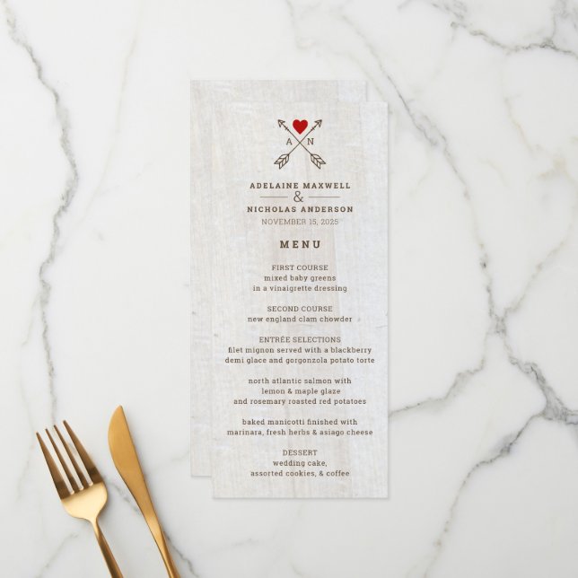 Rustic Arrows Red Heart Wedding Menu (Front/Back In Situ)