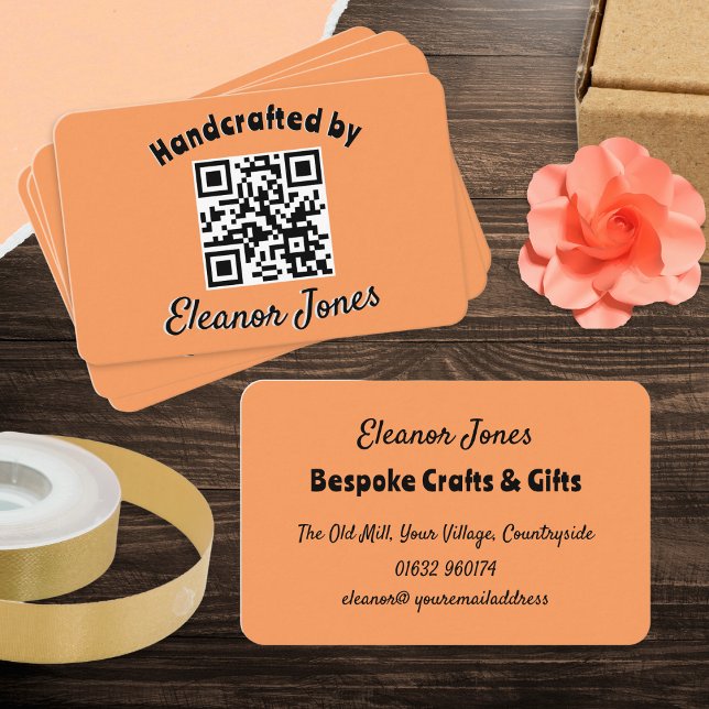 Rustic Art Craft Peach QR Code Business Card (Introduce your business in style with these pretty peach colored cards, with custom QR code)